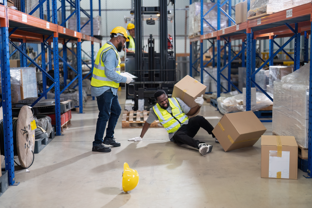 African America working in warehouse injured in accident